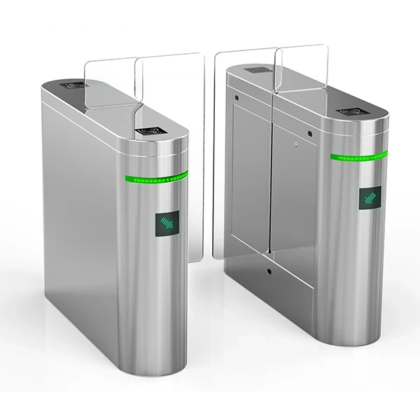 Retractable acrylic wing flap barrier turnstiles with rapid opening mechanism, ideal for high throughput school and metro entrance systems.